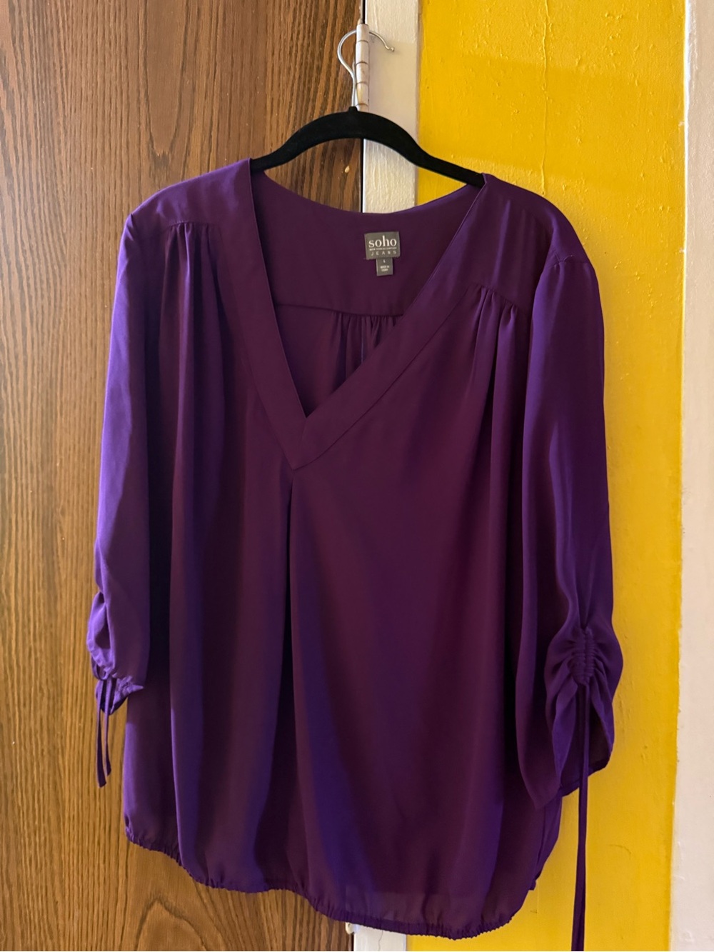 Soho Deep Purple V-Neck Gathered Sleeve Blouse